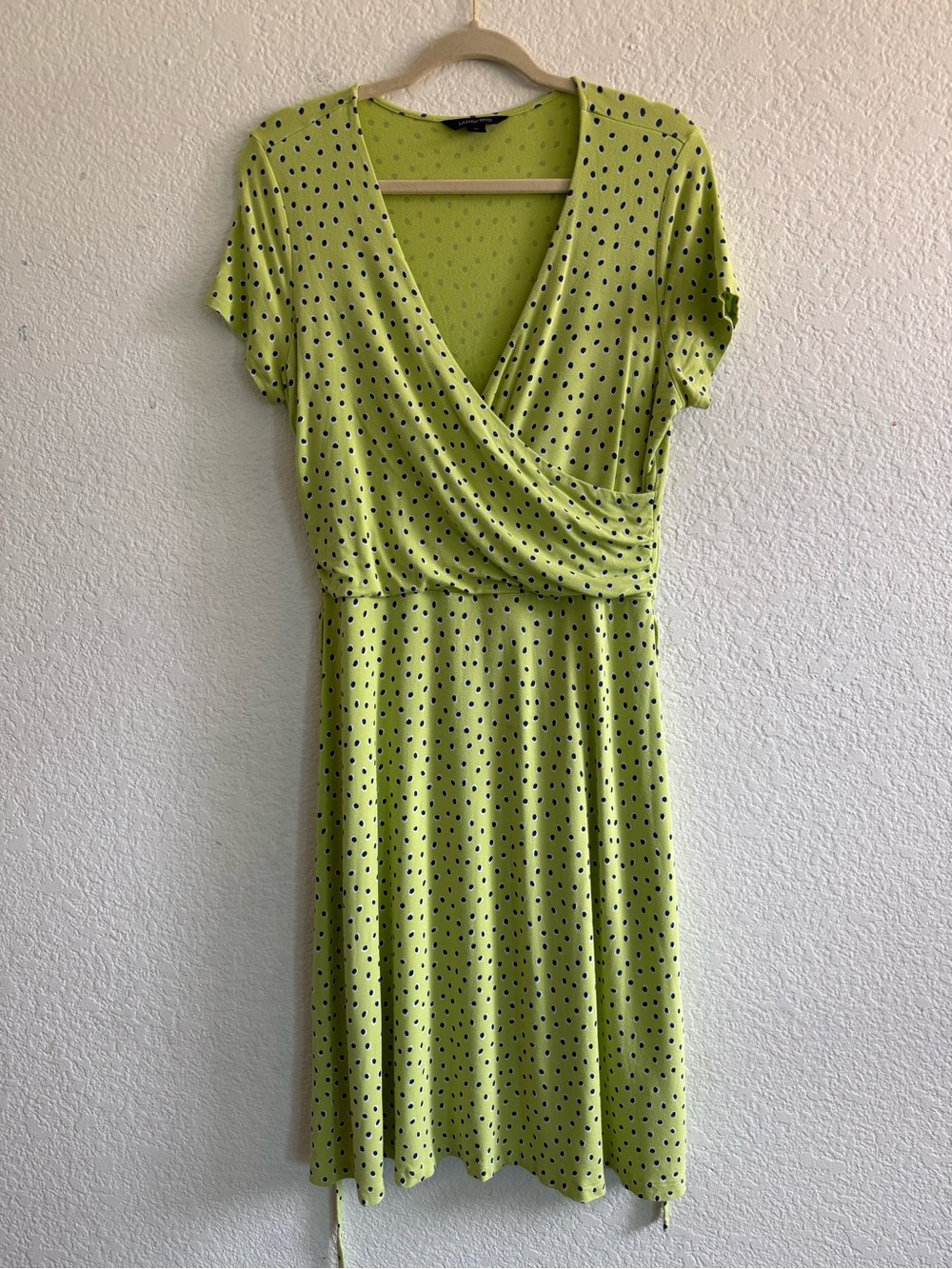 Lands' End Lime Green Polka Dot Faux-Wrap Midi Dress